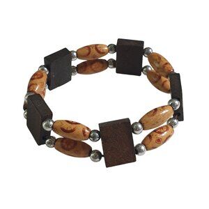 Wood Rectangular Bead Elastic Bracelet Printed Oval Accents Handmade Boho